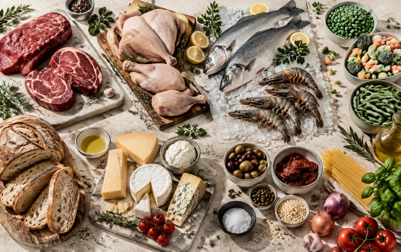 Selection of meat, seafood, vegetables, bread and dairy products