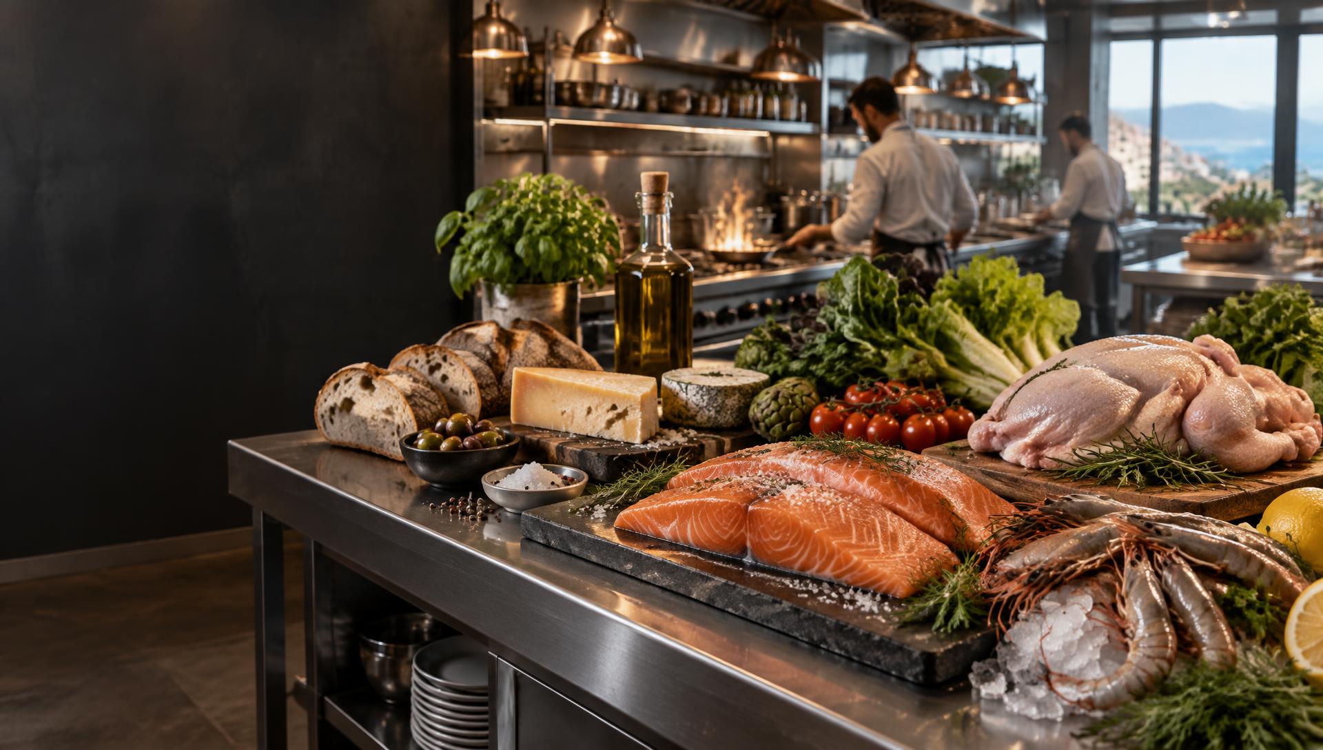 Professional kitchen supplied with fresh food ingredients