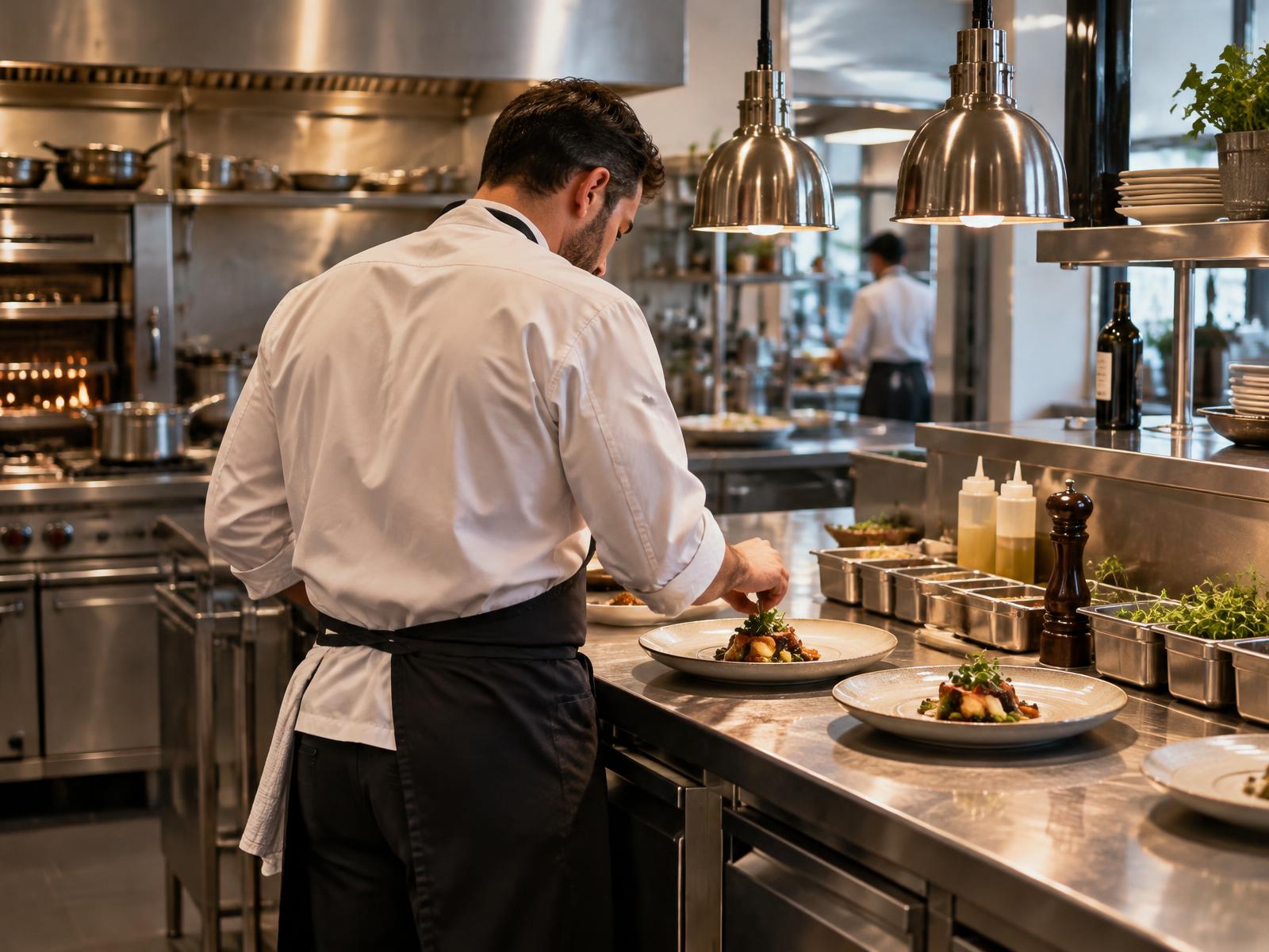 Chef preparing dishes in a professional restaurant kitchen